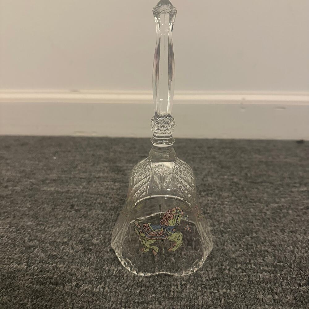Vintage Lead Crystal Etched Unicorn Carousel Horse Bell 8" Tall Pastel